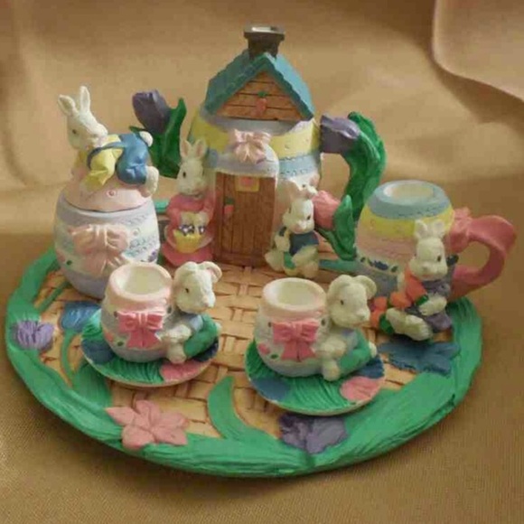 Easter Bunny 10 Pcs Tea set, a.ns Miniature Resin tea set with plates & tray. - Picture 4 of 11